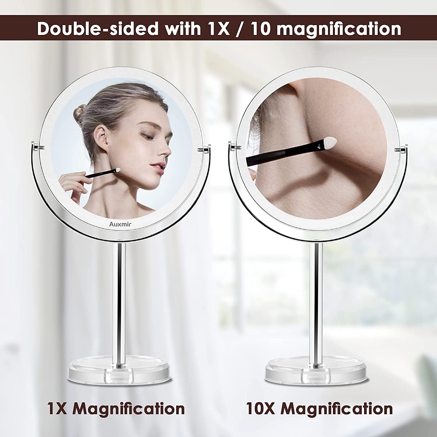 Oglinda cosmetica cu marire 10X, pivotare 360°, 131 mm, din metal, finisaj cromat, cu ventuze, Auxmir