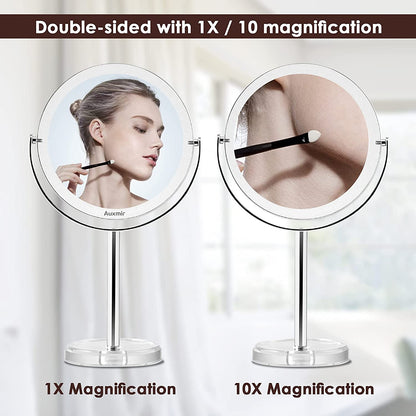 Oglinda cosmetica cu marire 10X, pivotare 360°, 131 mm, din metal, finisaj cromat, cu ventuze, Auxmir