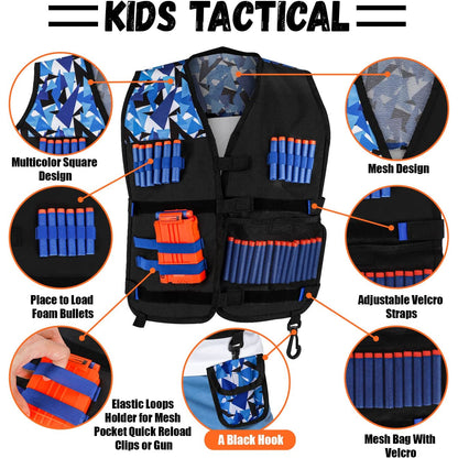 Set vesta tactica compatibila Nerf, cu 30 de sageti din burete, ochelari, incarcator, bratara, masca, albastra