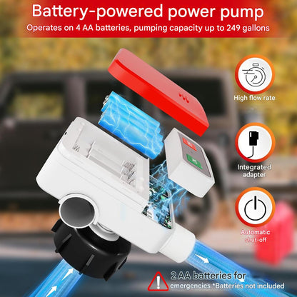 Pompa electrica de transfer combustibil, alimentare cu baterii, cu senzor de oprire automata, portabila cu 4 adaptoare, furtun lung 130 mm, multifunctionala pentru benzina, motorina, ulei – Pentru canistre, tractor, generator sau masina de tuns iarba