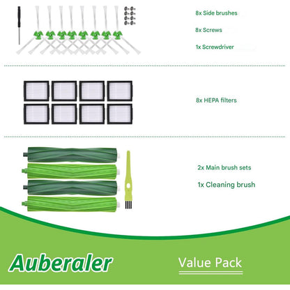 Set accesorii compatibile iRobot Roomba seria e/i/j (i7, i7+, j7, j7+, i3, i4, i6, i8, E5, E6), 18 piese - perii cauciuc, filtre HEPA, perii laterale, kit complet