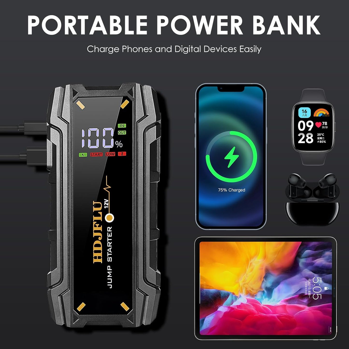Starter auto portabil, jump starter 3000 A, robot de pornire cu functie powerbank de 24000 mAh, lanterna LED, ecran LCD, port USB-C, pana la 7 litri benzina si 5.5 litri diesel 12V, multifunctional