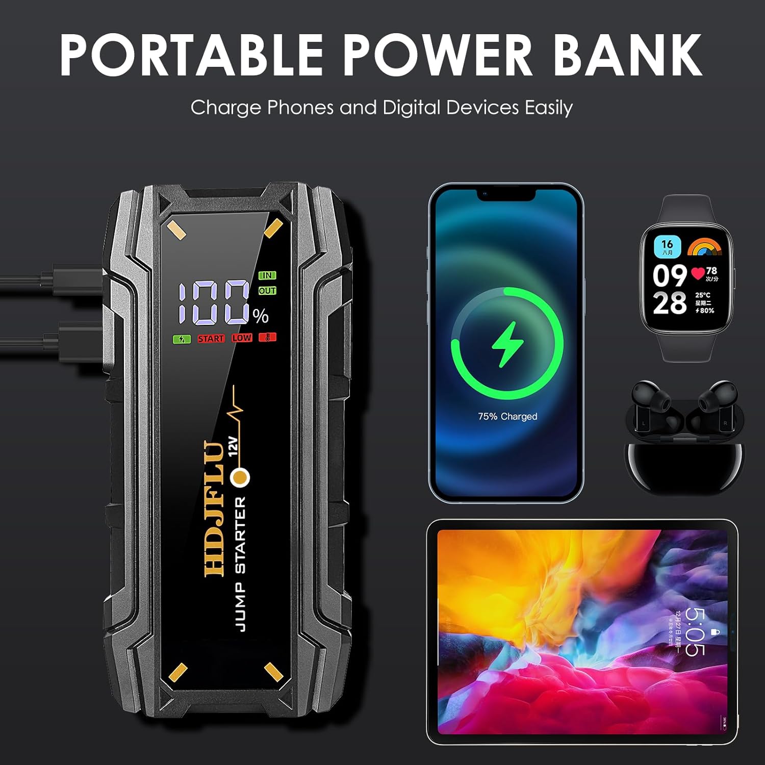 Starter auto portabil, jump starter 3000 A, robot de pornire cu functie powerbank de 24000 mAh, lanterna LED, ecran LCD, port USB-C, pana la 7 litri benzina si 5.5 litri diesel 12V, multifunctional