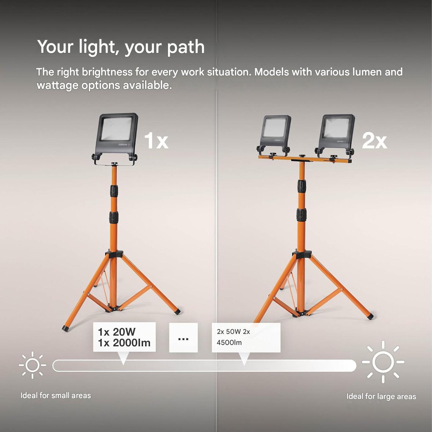 Proiector LED OSRAM cu trepied, 2 x 50W, 9000 lm, alb rece 4000K, CRI ≥80, inaltime reglabila pana la 1, 8 m, capete duble rotative 360°/180°, IP65, carcasa din aluminiu si otel, lumina puternica pentru santier, atelier si lucrari profesionale