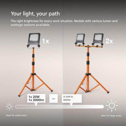 Proiector LED OSRAM cu trepied, 2 x 50W, 9000 lm, alb rece 4000K, CRI ≥80, inaltime reglabila pana la 1, 8 m, capete duble rotative 360°/180°, IP65, carcasa din aluminiu si otel, lumina puternica pentru santier, atelier si lucrari profesionale