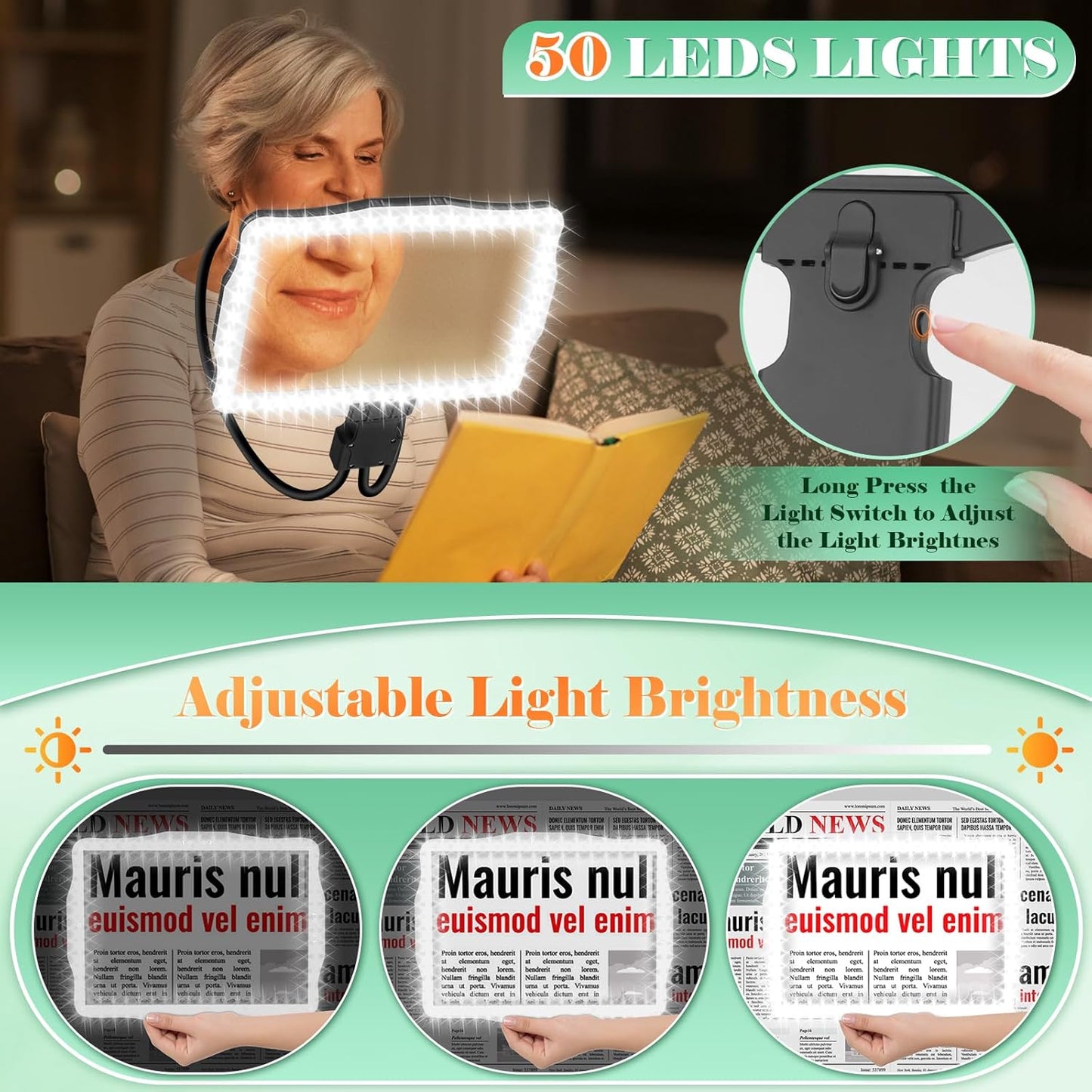 Lupa hands-free 10x, reincarcabila, lentila mare 27x20 cm, 50 LED-uri cu iluminare reglabila, gat flexibil de lebada, versatilitate 3 in 1 pentru citit, cusut, reparatii