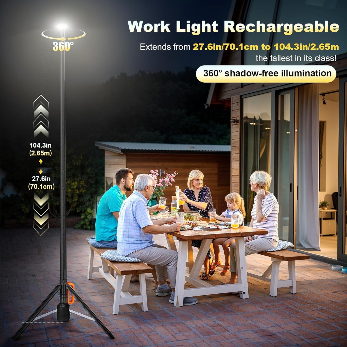 Lampa LED portabila SYLSTAR cu trepied telescopic 2.65m, 3000 lm, baterie 6000 mAh, telecomanda, 3CCT 3000K/4000K/6500K, reglaj luminozitate 10 trepte, autonomie pana la 48h, USB-C, iluminare pentru camping, outdoor si urgente, clasa energetica F