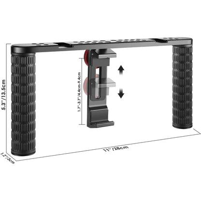Cadru video rig pentru smartphone, cu 2 manere, 2 cold shoe mount, multiple fileturi 1/4, compatibil cu telefon cu latime pana in 9.4 cm
