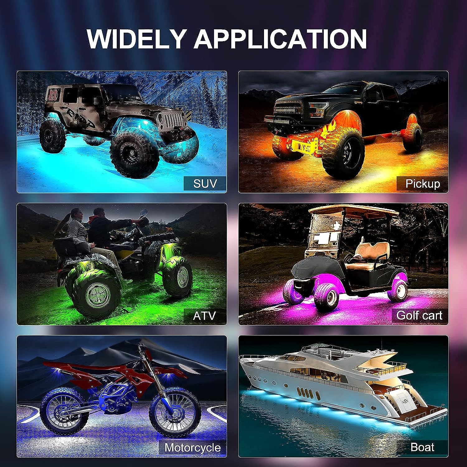 Set 6 lumini ambientale auto LED RGB, control prin aplicatie si telecomanda, sincronizare muzica, aprindere la franare, impermeabile IP68, pentru SUV offroad, camioneta, ATV, motocicleta, carenaj auto