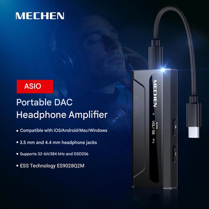 Amplificator casti MECHEN AP10 DAC portabil cu ES9028Q2M + ES9603Q, suport 384kHz/DSD256, iesiri 3.5mm si 4.4mm balanced, USB-C, compatibil Android/iOS/Windows/macOS, OLED 0.87”, SNR 120dB, Hi-Res Audio pentru telefon, PC si laptop