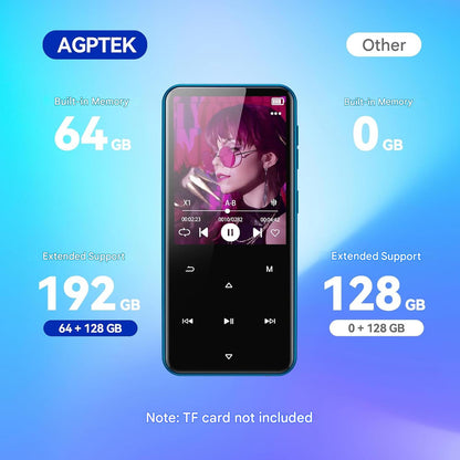 Player MP3 Agptek 64 GB, Bluetooth 5.3, ecran 2.4 inch, set cu casti si cablu USB Type C, suporta card pana la 128GB, butoane tactile, difuzor, Radio FM, E-Book, alarma, albastru