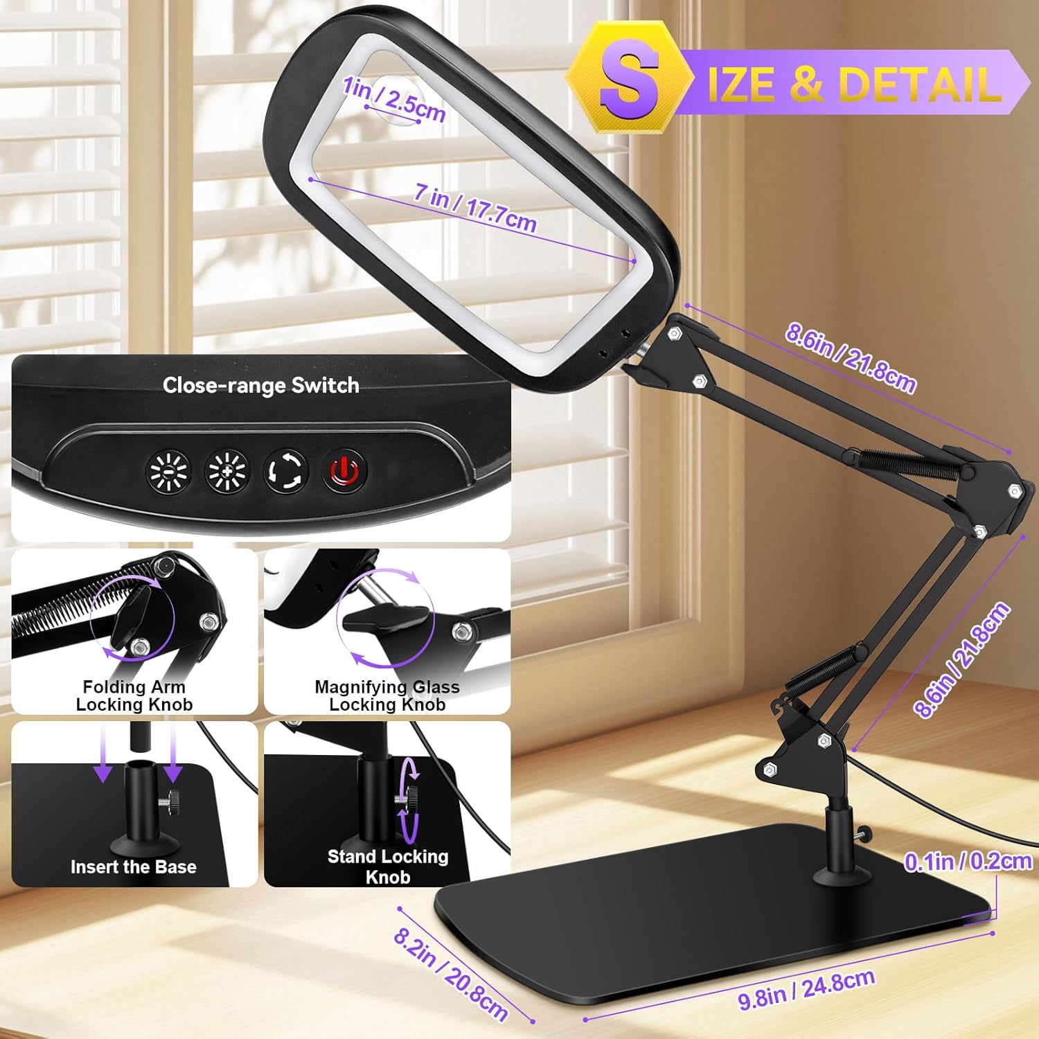 Lupa 30x cu lumina LED si suport, lampa de marire cu 60 LED-uri, 5 moduri de culoare, 4 niveluri de luminozitate, hands-free, pentru citit si lucru de precizie