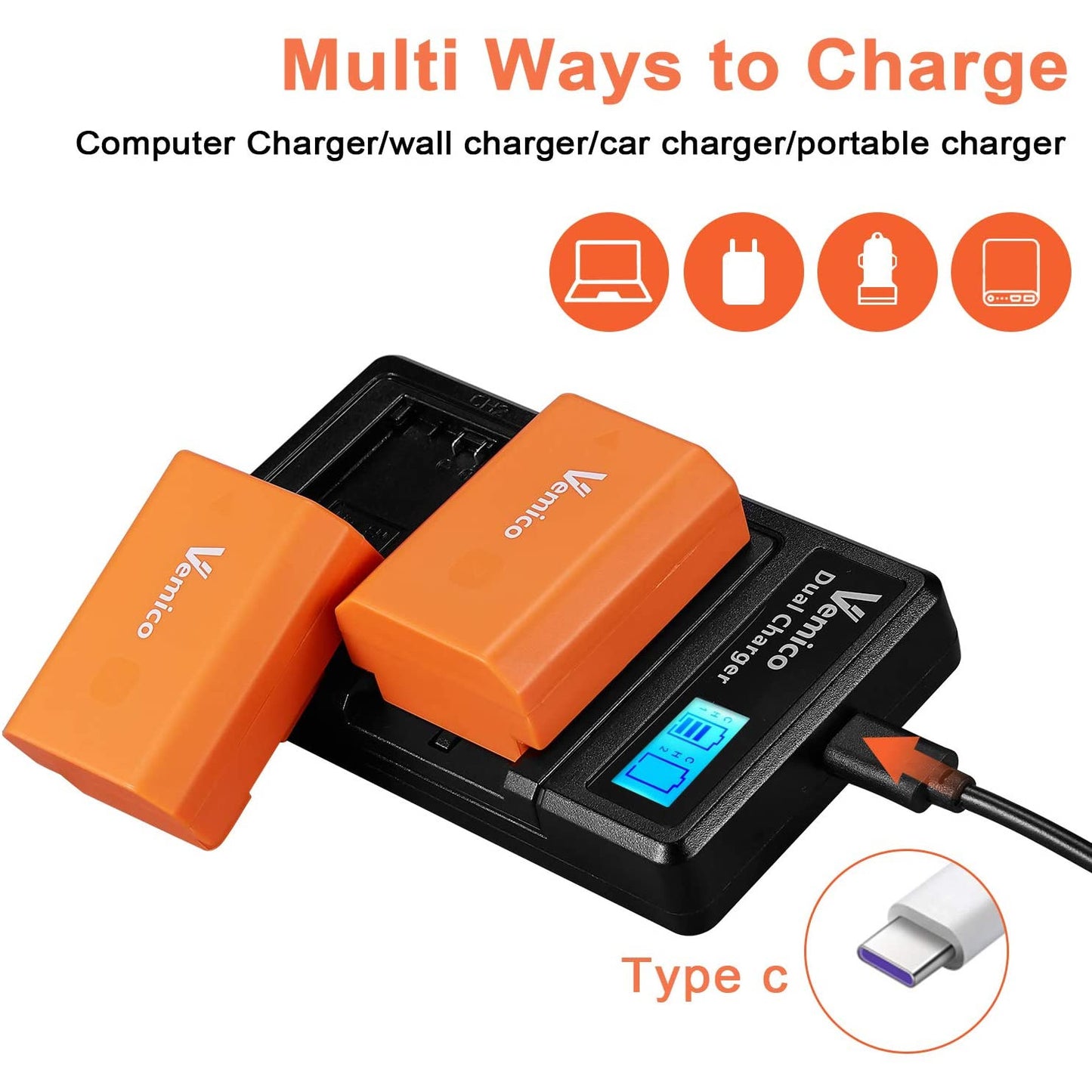 Set 2 acumulatori NP-FZ100, 2280 mAh, incarcator cu display LCD, pentru Sony A7III/A7R III/A9/A9S/A9R/Alpha 9/A7R3/A6600