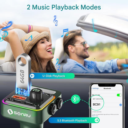 Modulator FM Bluetooth 5.3 SONRU pentru masina, incarcare rapida PD 36W si QC 3.0 18W, hands-free, HiFi Bass, redare USB/U-Disk, lumini LED 7 culori, apeluri wireless, compatibil iPhone, Samsung, Xiaomi, USB-C si USB-A