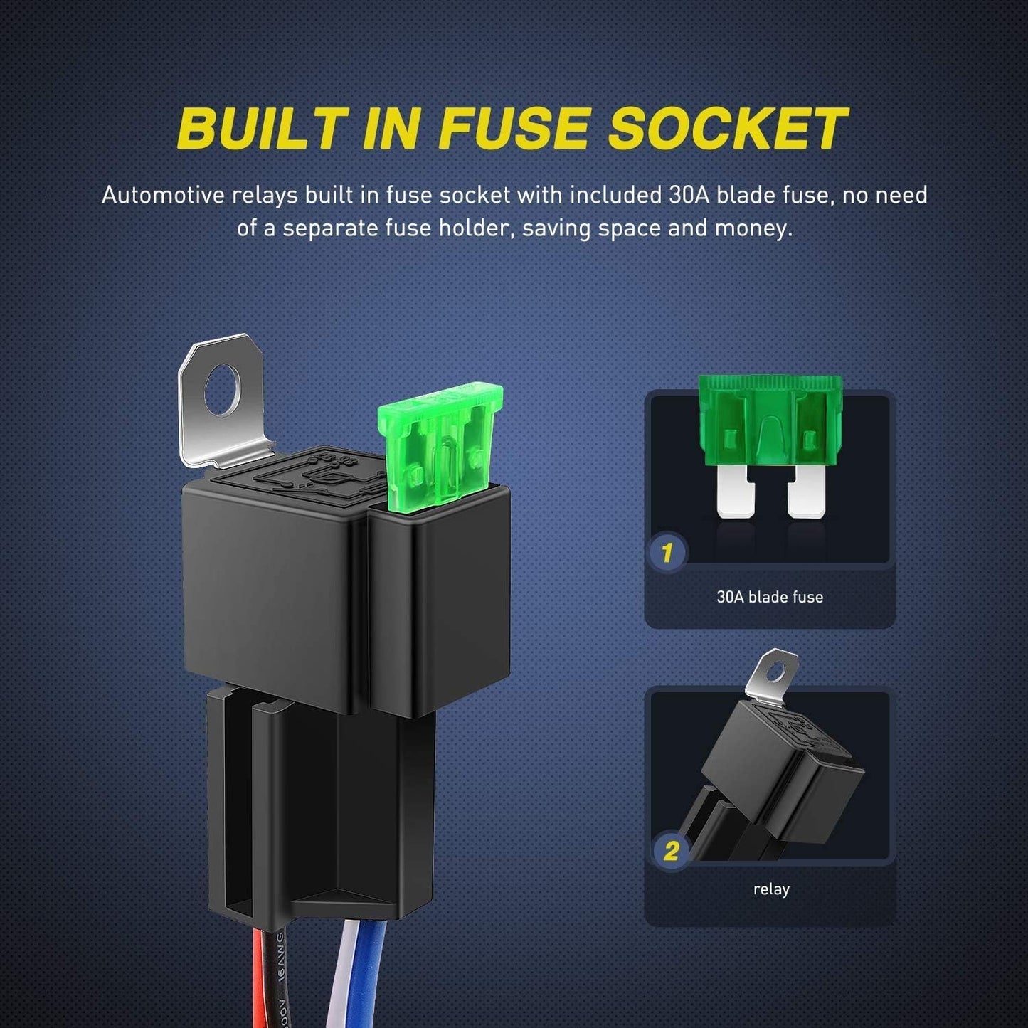 Set 3 releu auto SPST cu siguranta ATO/ATC, 12V 30A, 4 pini, cu priza si cablaj 14 AWG, Gebildetu