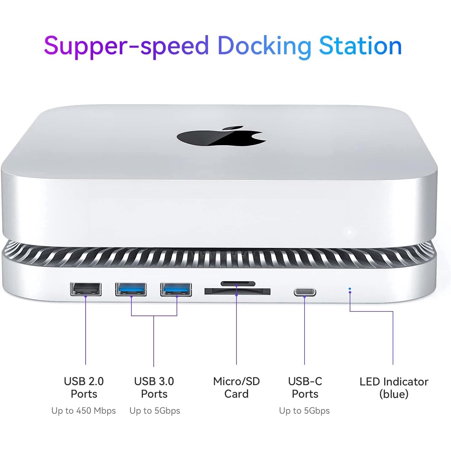 Stand si hub compatibil Mac Mini, cu carcasa SSD STA SATA de 2, 5 inch, 1 port USB-C, 2 porturi USB-A 3.0, 1 port USB-a 2.0, slot card MicroSD/SD, din aluminiu, pentru Mac Mini M1