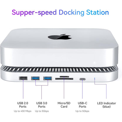 Stand si hub compatibil Mac Mini, cu carcasa SSD STA SATA de 2, 5 inch, 1 port USB-C, 2 porturi USB-A 3.0, 1 port USB-a 2.0, slot card MicroSD/SD, din aluminiu, pentru Mac Mini M1