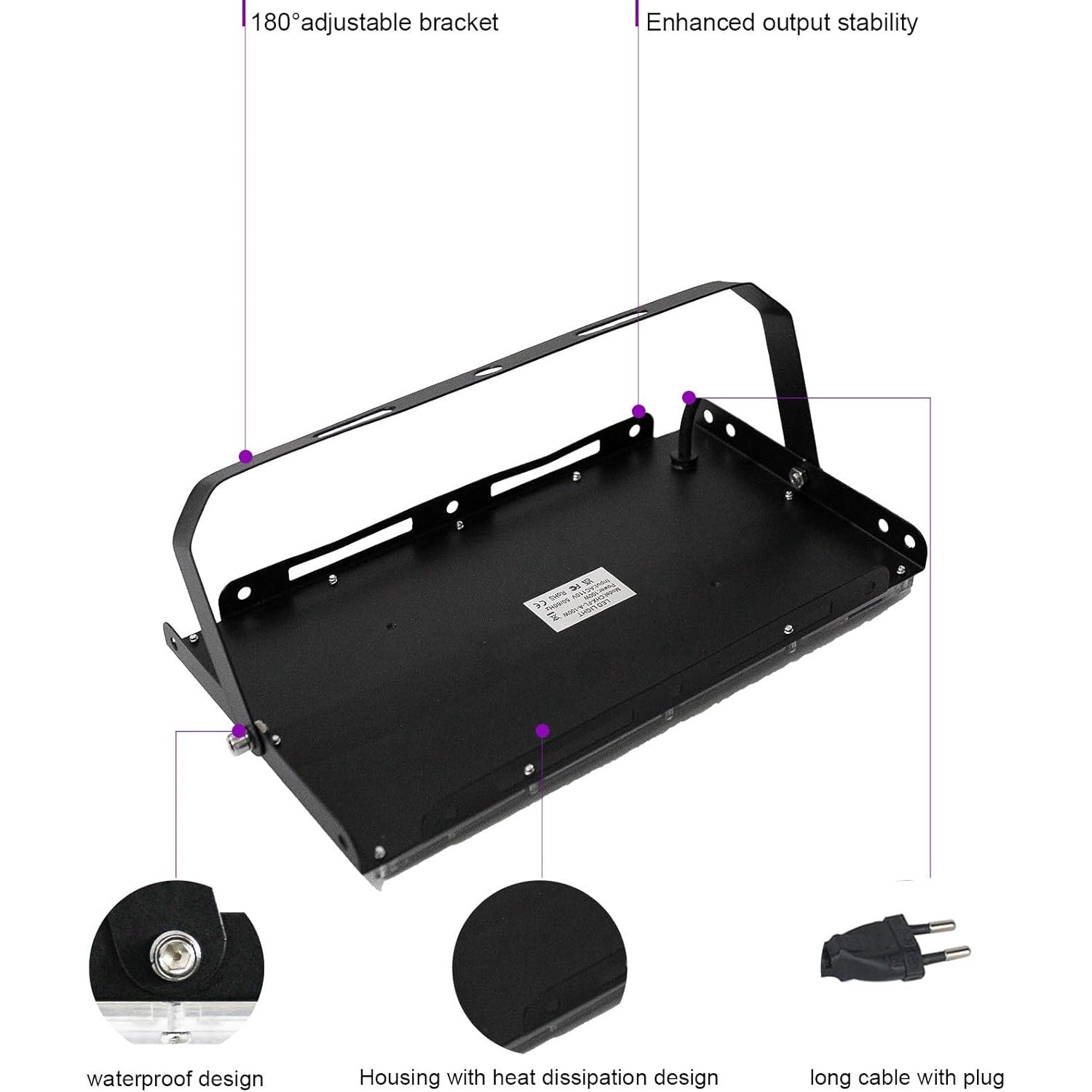 Set 2 proiectoare UV LED 300W IP66 395nm, lumina neagra 395 nm, IP66 impermeabil, SMD 2835, unghi 120°, carcasa aluminiu, suport reglabil 360°, pentru petreceri, cluburi, discoteca, bar, evenimente, lumina UV violet