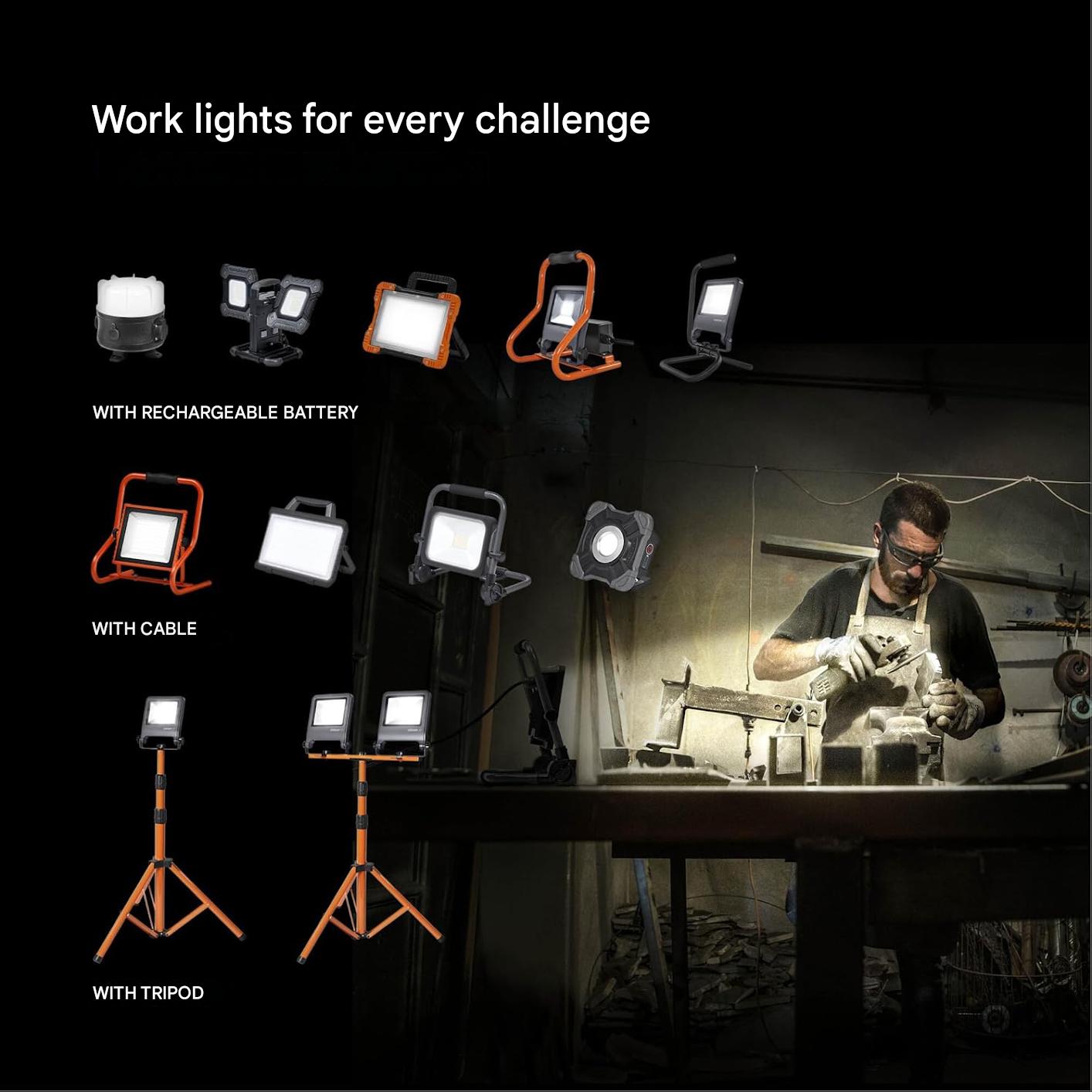 Proiector LED OSRAM cu trepied, 2 x 50W, 9000 lm, alb rece 4000K, CRI ≥80, inaltime reglabila pana la 1, 8 m, capete duble rotative 360°/180°, IP65, carcasa din aluminiu si otel, lumina puternica pentru santier, atelier si lucrari profesionale