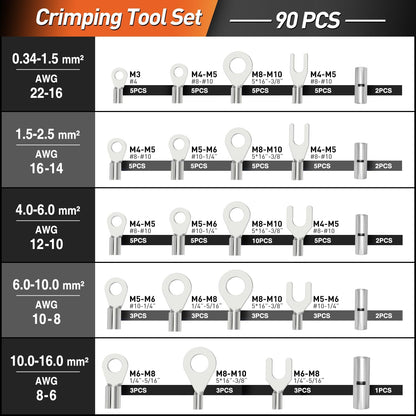 Set cleste de sertizare 0.5-16 mm² cu 90 bucati terminale AWG 0.5, 1.5, 2.5, 4, 6, 10, 16, cu cutie de depozitare si transport, SOMELINE