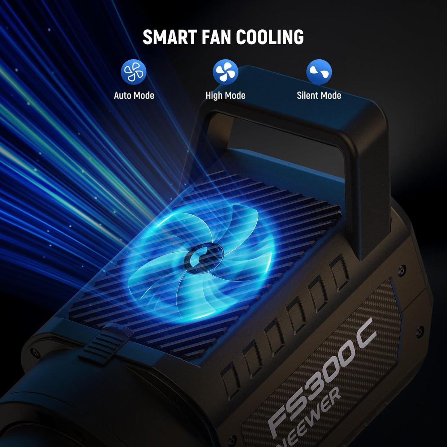 Lampa studio LED COB 300 W, RGB, 17 efecte, lumina continua COB 2500K-7500K, 29000 lux/1 m, dimabila, ventilator silentios, montura Bowens CRI95+/TLCI97+, cu control aplicatie dedicata, pentru fotografie de studio si inregistrare video