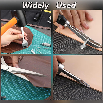 Set unelte prelucrare piele, 328 piese, cu scule modelaj, perforatori, ata pentru pielarie, ace de cusut, stampile, capse, placa de taiere, instrumente de bricolaj si marochinarie cu husa de depozitare si transport