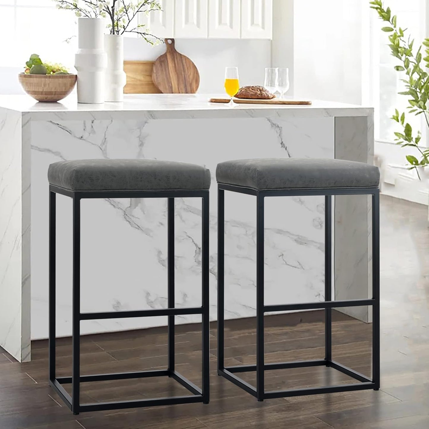 Set 2 scaune de bar gri, fara spatar, sezut 76 cm, piele ecologica, perna groasa, cadru metalic cromat robust, suport pentru picioare-Ideal pentru bucatarie, bar sau insula de bucatarie