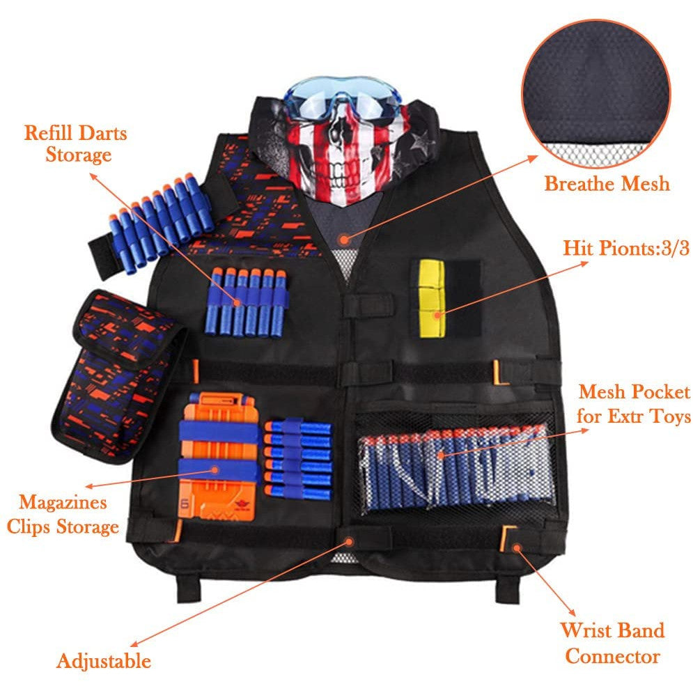 Set vesta compatibila Nerf N-Strike Elite, Tactical vest, 56 de piese, cu 50 sageti de burete, masca, ochelari, incarcator