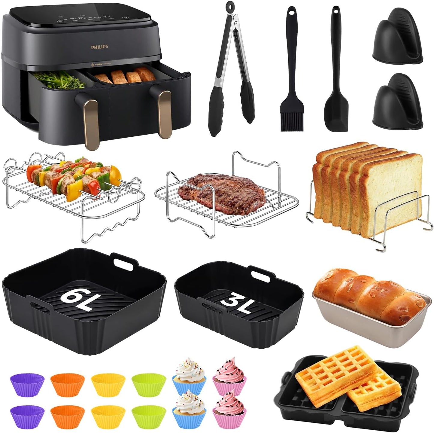 Set 23 accesorii pentru friteuza cu aer cald Philips Airfryer Dual Basket 3000/5000, cu tavi de silicon, forme de prajituri, 2 gratare, forma de vafe, suport paine, clesti