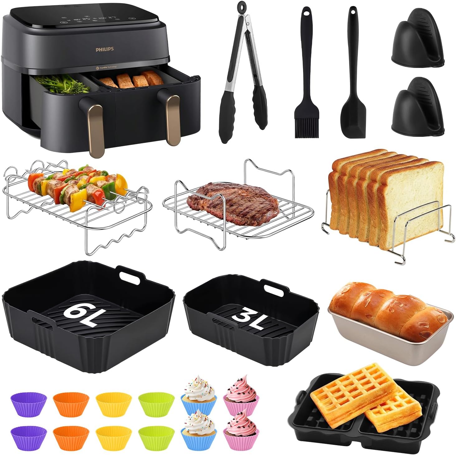 Set 23 accesorii pentru friteuza cu aer cald Philips Airfryer Dual Basket 3000/5000, cu tavi de silicon, forme de prajituri, 2 gratare, forma de vafe, suport paine, clesti