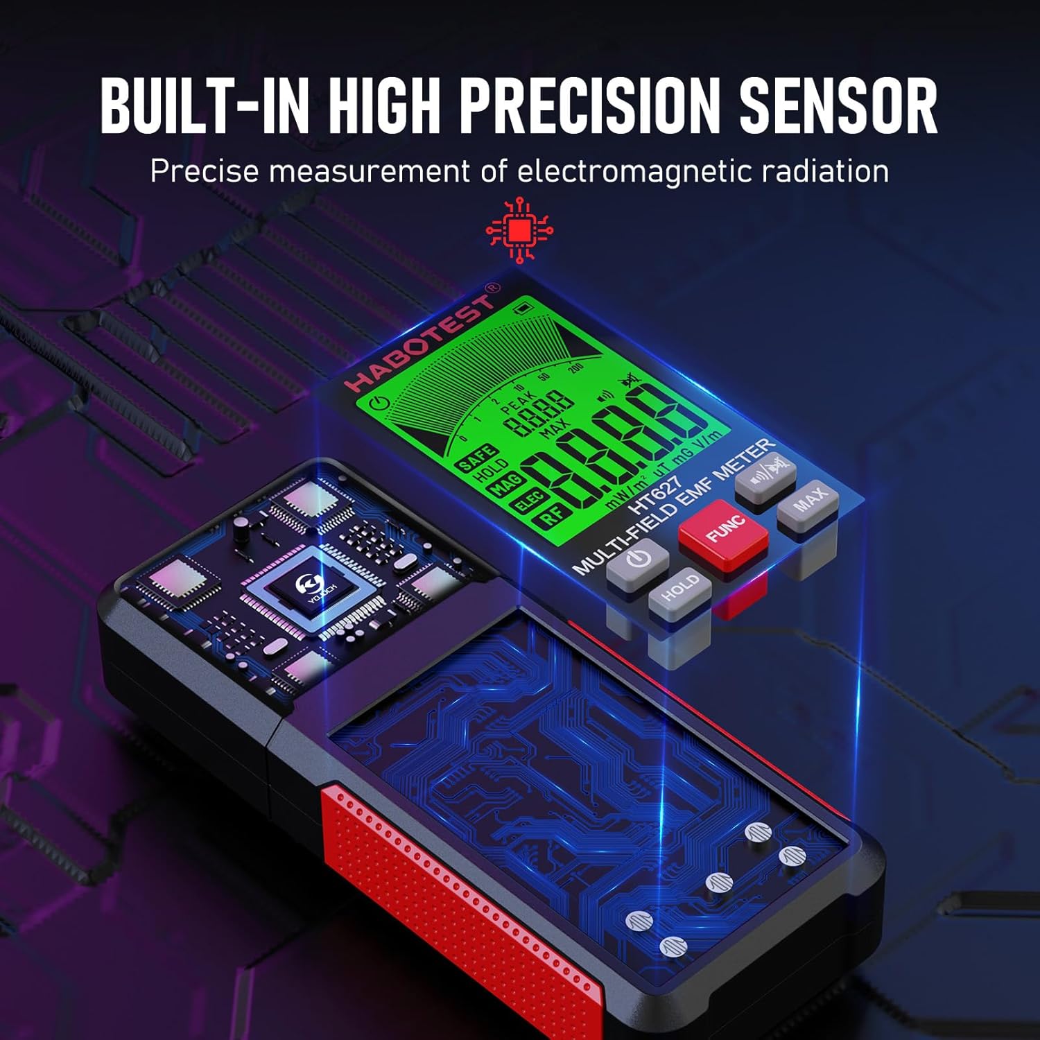 Detector de radiatii 3 in 1, masoara semnale camp electric EF, camp magnetic MF, radiatii electromagnetice RF, cu display, alerta sonora, detector fantome, oprire automata, usor de utilizat