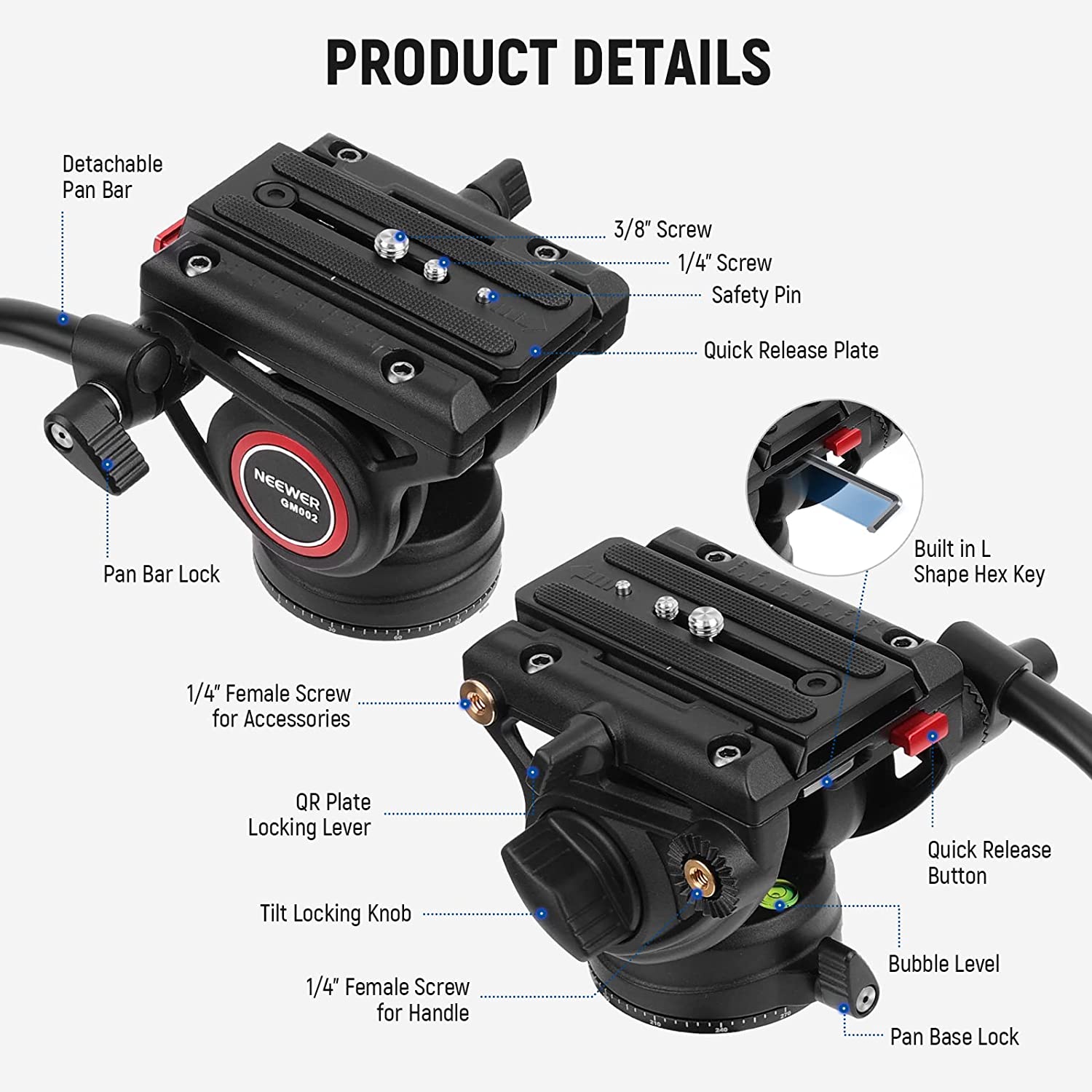 Cap video fluid pentru trepied, monopied sau slider, cu placa eliberare rapida, maner telescopic, baza gradata pentru panorama, pentru camere video, Neewer GM002