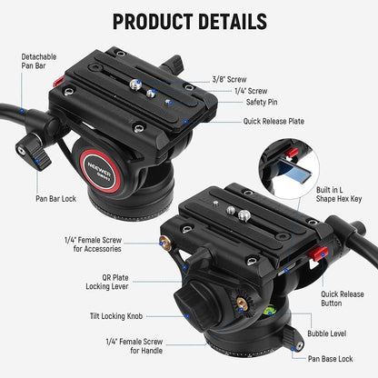 Cap video fluid pentru trepied, monopied sau slider, cu placa eliberare rapida, maner telescopic, baza gradata pentru panorama, pentru camere video, Neewer GM002