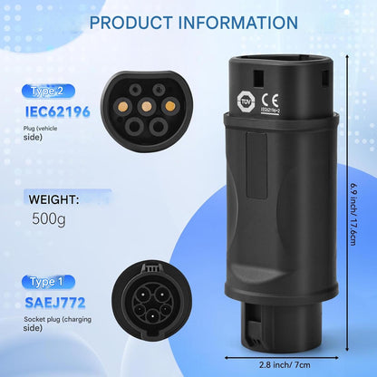 Adaptor mufa EV de la Type 1 la Type 2, adaptor de la SAE J1772 la IEC 62196, 32/16A, pentru masini electrice/hibride, monofazic