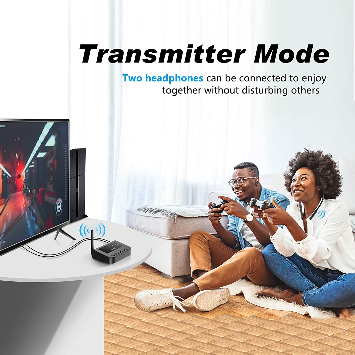Set transmitator Bluetooth 5.0 si casti wireless pentru TV, control indepentent al volumului, fara audio delay, conectare prin RCA, optic, plug & play