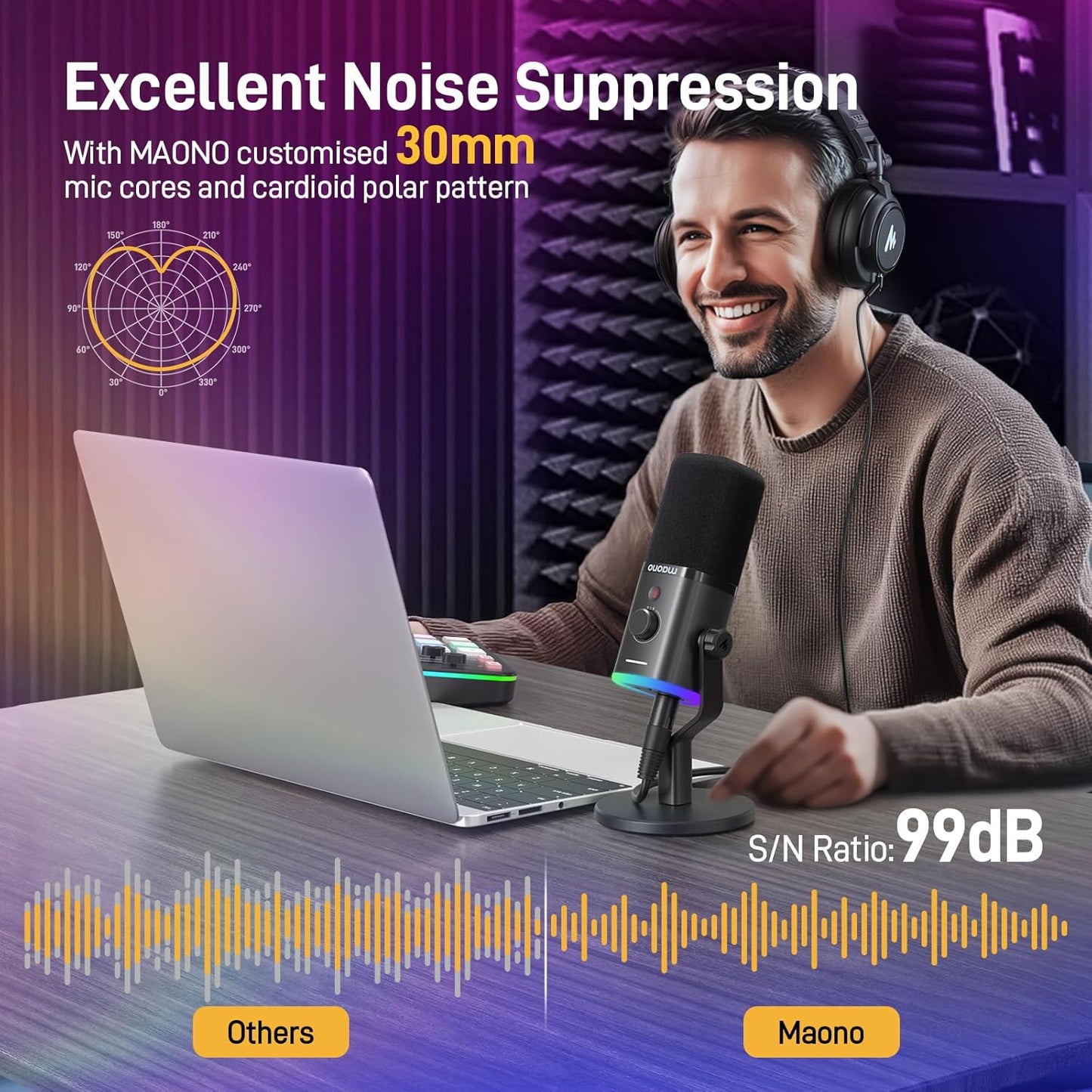 Microfon de gaming MAONO PD100X XLR/USB, dinamic cu anulare dubla a zgomotului, iluminare RGB, buton mute si software, pentru streaming, podcast, studio, compatibil PC, PS4/PS5, Mac, negru