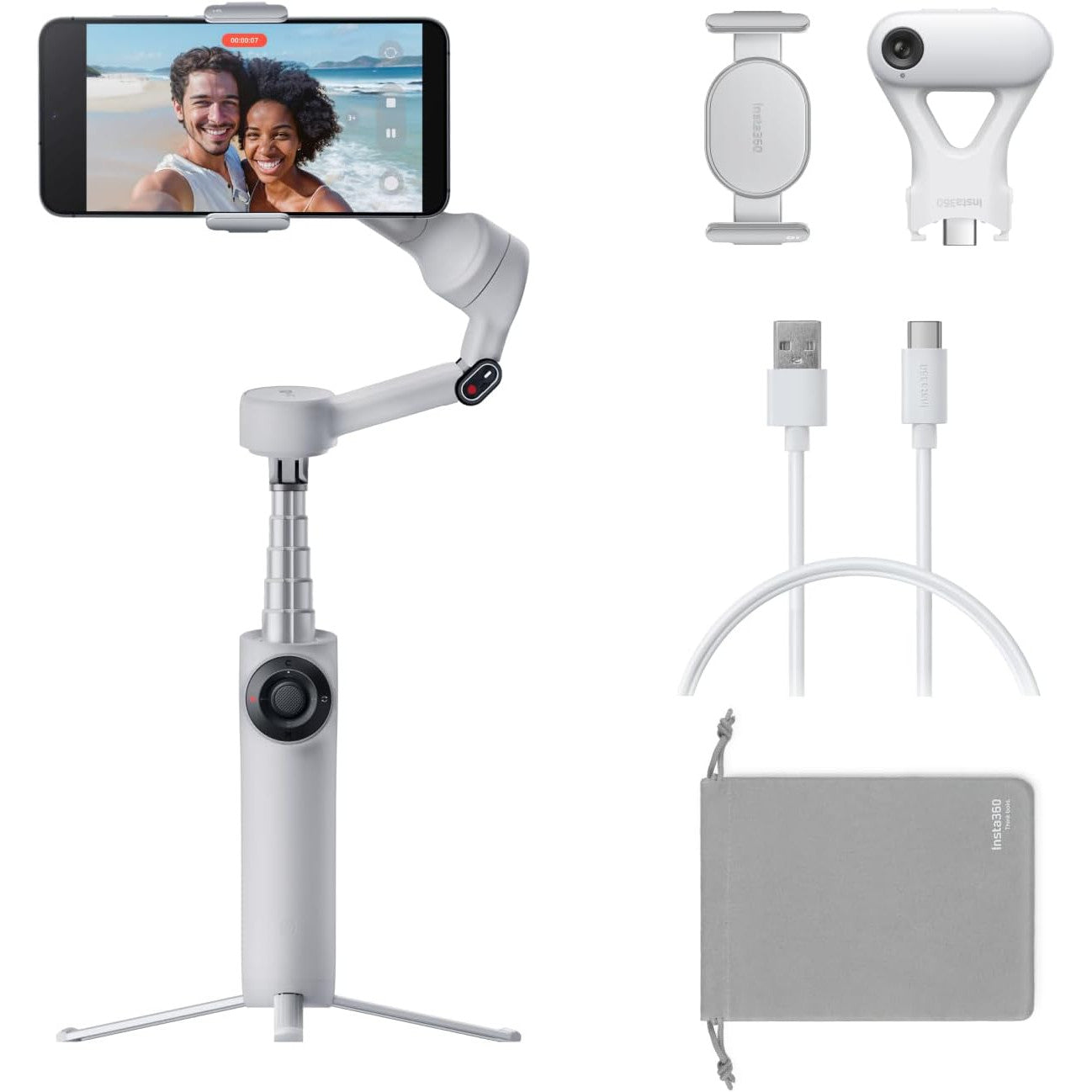 Stabilizator de imagine Insta360 Flow 2 Plus AI Tracker, sistem stabilizare telefon cu urmarie AI, trepied si selfie stick incorporat, pentru iPhone/Android