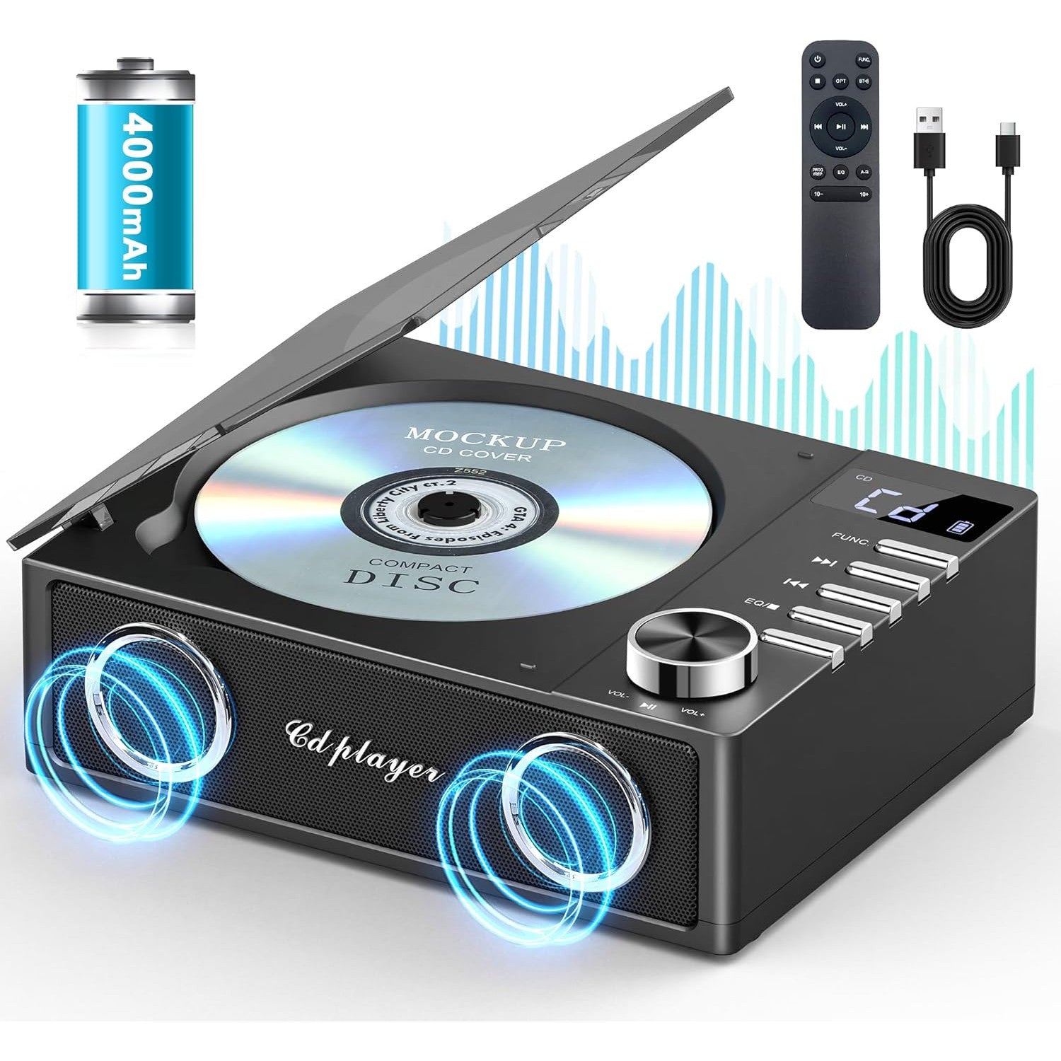 CD Player portabil cu Bluetooth 5.3, acumulator 4000 mAh, telecomanda, sunet HiFi, display LED, difuzor incorporat, cu Radio, USB, TF, AUX si port iesire optica, negru