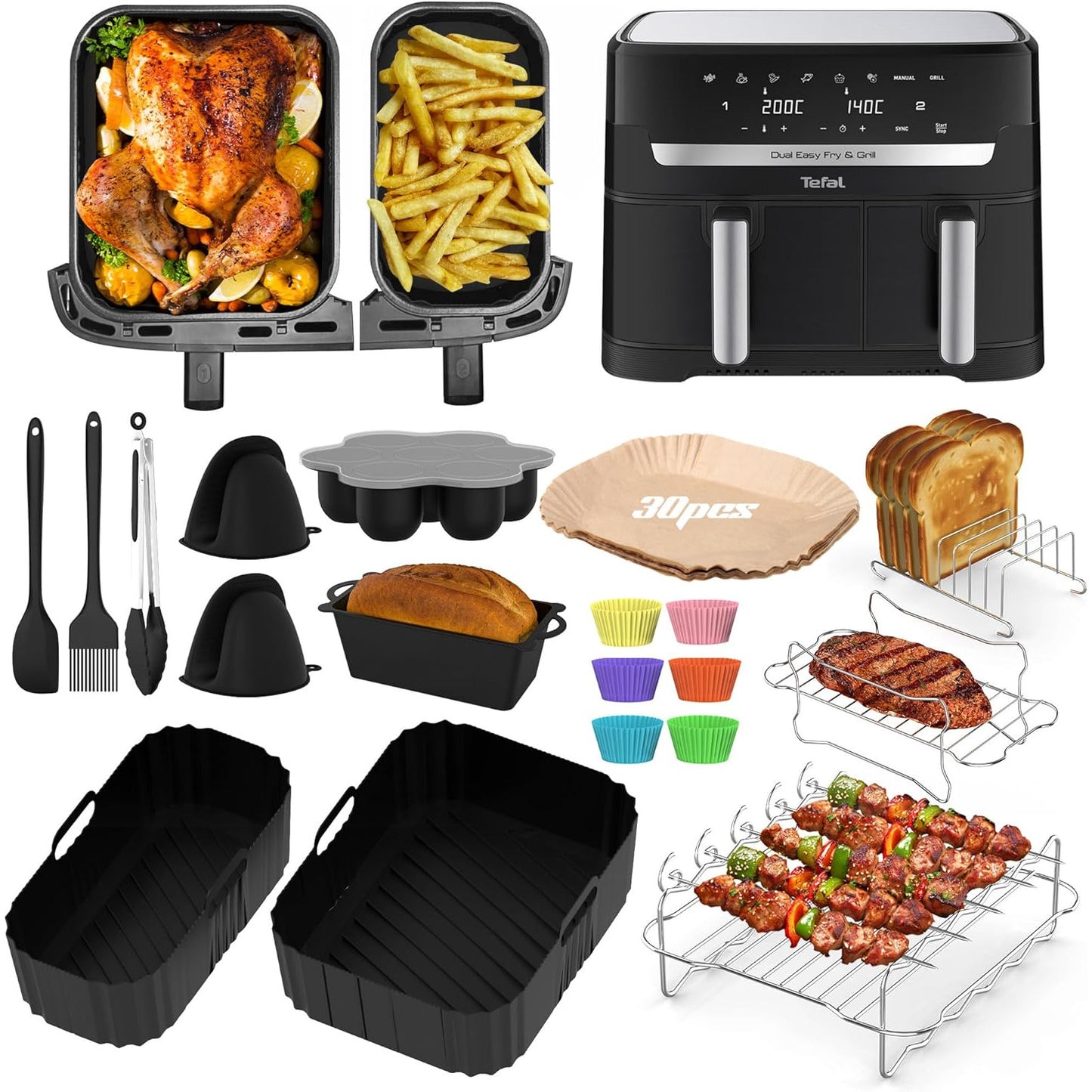 Set 19 accesorii pentru friteuza cu aer cald Tefal EY9018 Dual Easy Fry 5, 2/3, 1 L, cu tavi de silicon, gratare, clesti, forme de briose, tava de paine, multifunctionale