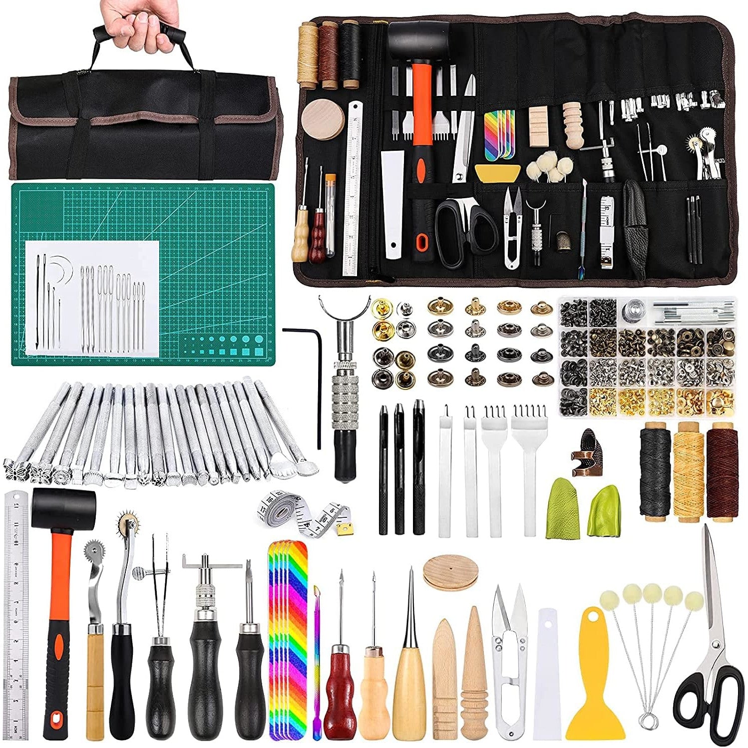 Set unelte prelucrare piele, 328 piese, cu scule modelaj, perforatori, ata pentru pielarie, ace de cusut, stampile, capse, placa de taiere, instrumente de bricolaj si marochinarie cu husa de depozitare si transport