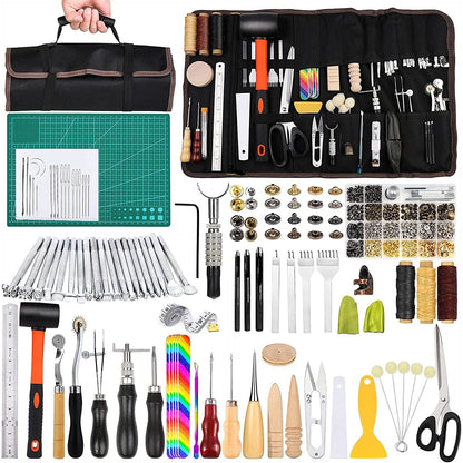 Set unelte prelucrare piele, 328 piese, cu scule modelaj, perforatori, ata pentru pielarie, ace de cusut, stampile, capse, placa de taiere, instrumente de bricolaj si marochinarie cu husa de depozitare si transport