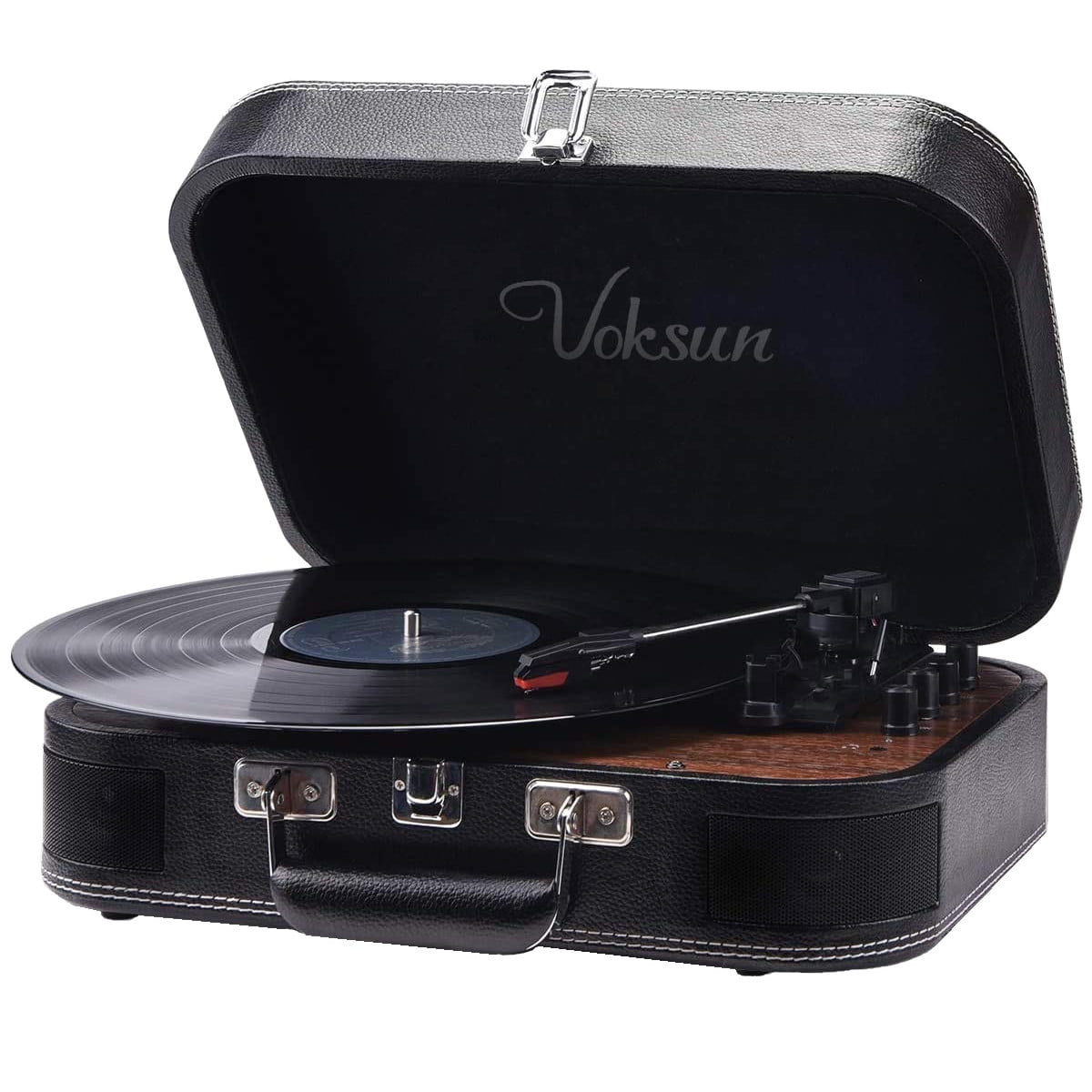Pick-up Voksun, Bluetooth 5.0, Card SD, Aux, USB, difuzoare incorporate, 3 trepte de viteza, design tip servieta, negru
