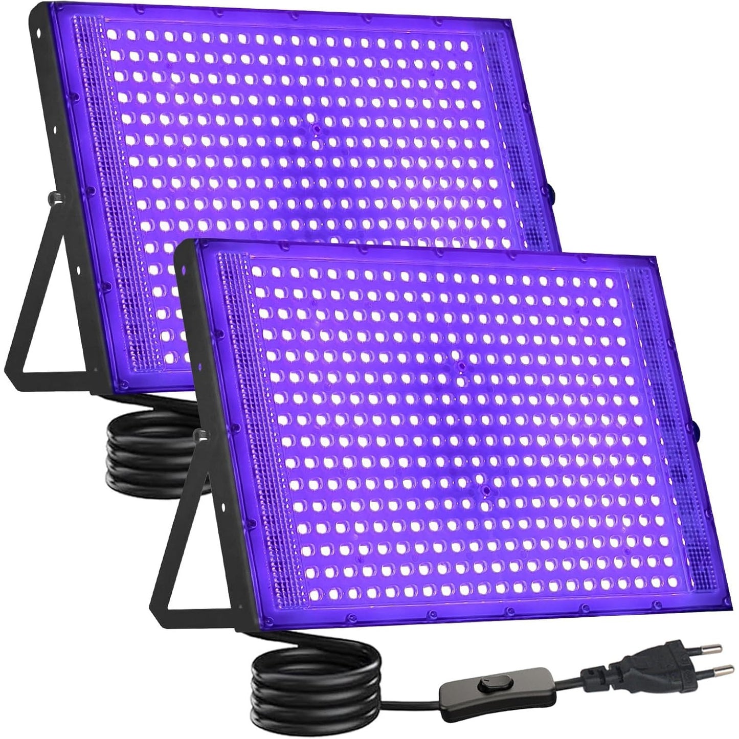 Set 2 proiectoare UV LED 300W IP66 395nm, lumina neagra 395 nm, IP66 impermeabil, SMD 2835, unghi 120°, carcasa aluminiu, suport reglabil 360°, pentru petreceri, cluburi, discoteca, bar, evenimente, lumina UV violet