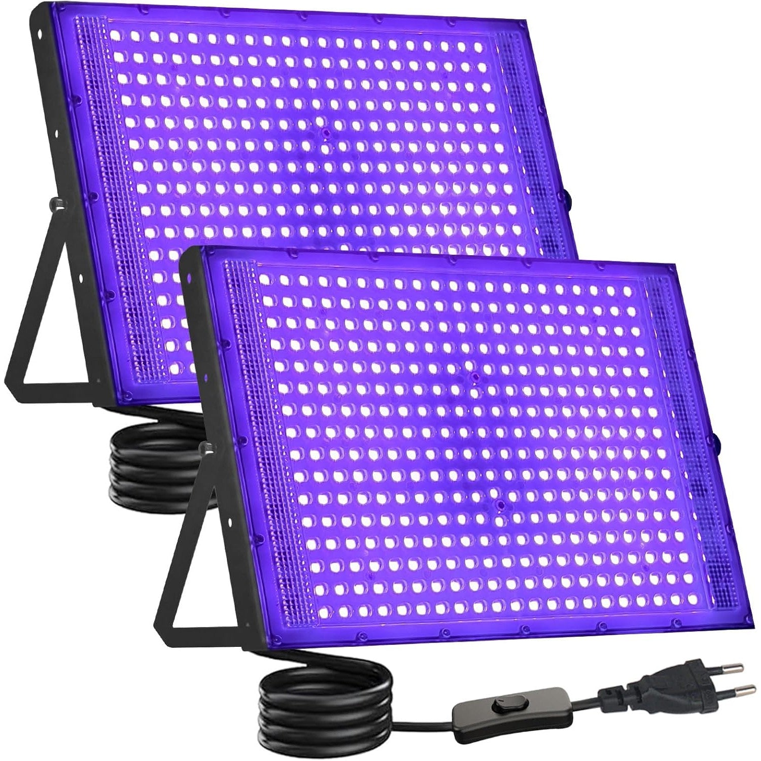 Set 2 proiectoare UV LED 300W IP66 395nm, lumina neagra 395 nm, IP66 impermeabil, SMD 2835, unghi 120°, carcasa aluminiu, suport reglabil 360°, pentru petreceri, cluburi, discoteca, bar, evenimente, lumina UV violet