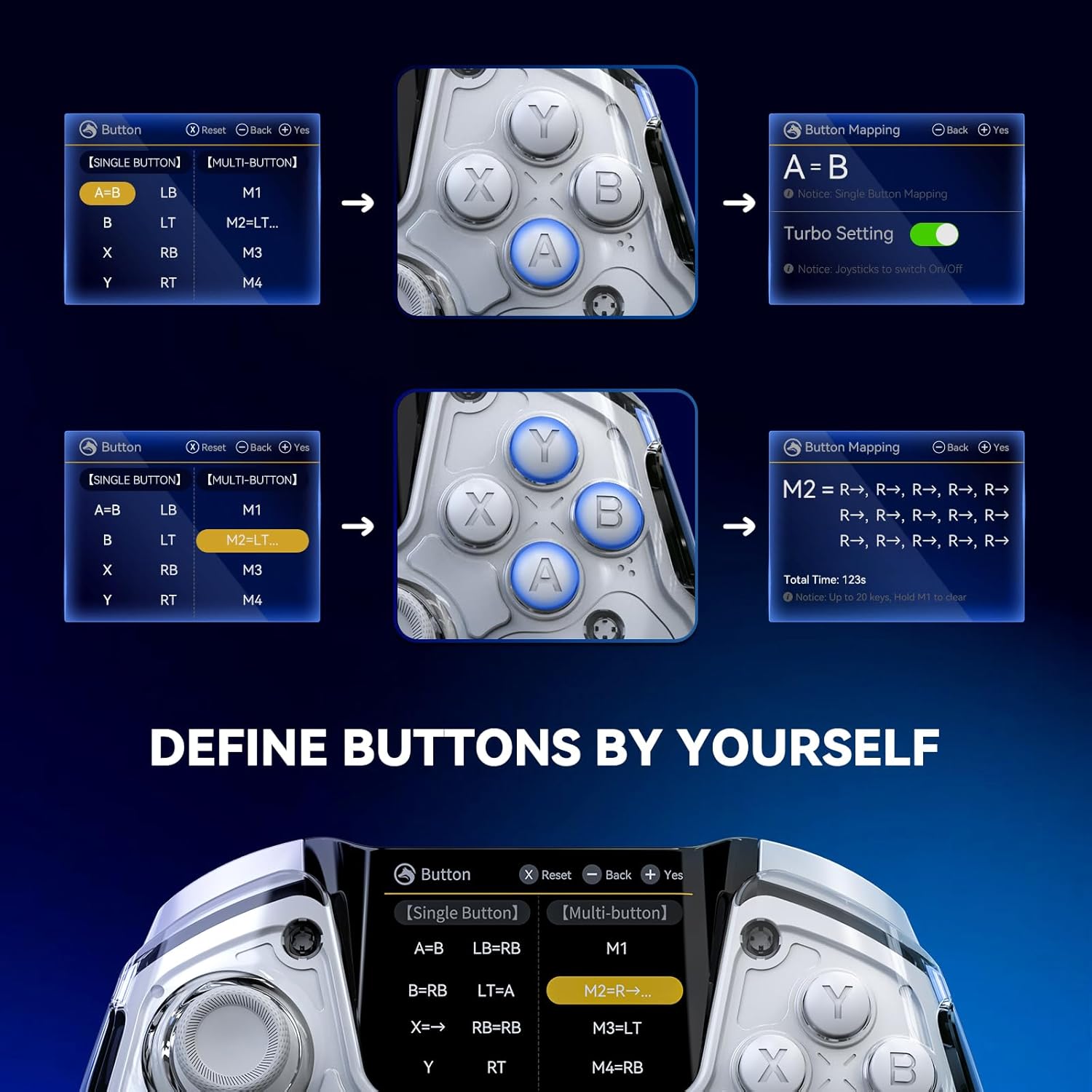 Controler wireless cu programare, display interactiv, butoane microswitch, joystick cu Hall Efect, lumini LED RGB, pentru PC, Switch, iOS, Android