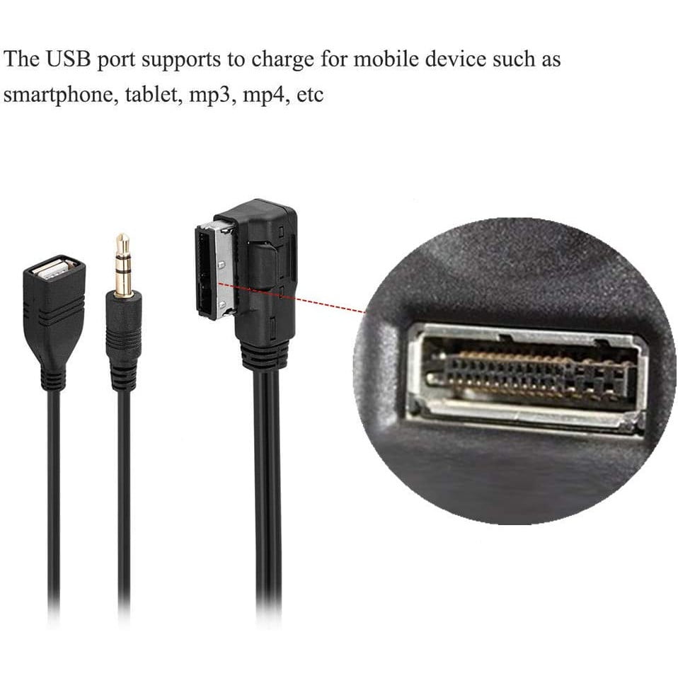 Cablu adaptor AMI MMI MDI la AUX Jack 3.5 mm si USB compatibil cu Mercedes Benz Clasa S SL CLS CL C SLK E ML GLK R cu Comand APS NTG 2.5 3 4.5