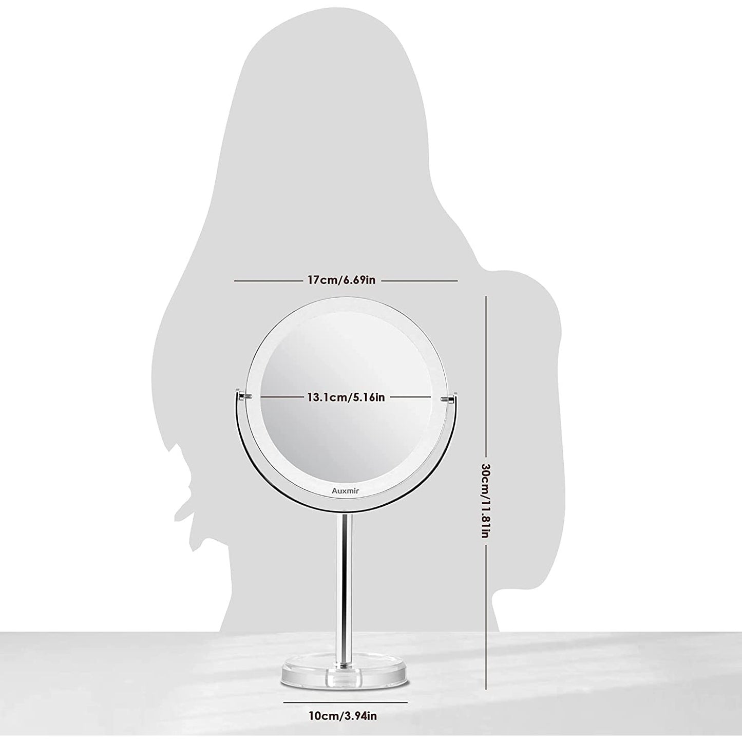 Oglinda cosmetica cu marire 10X, pivotare 360°, 131 mm, din metal, finisaj cromat, cu ventuze, Auxmir