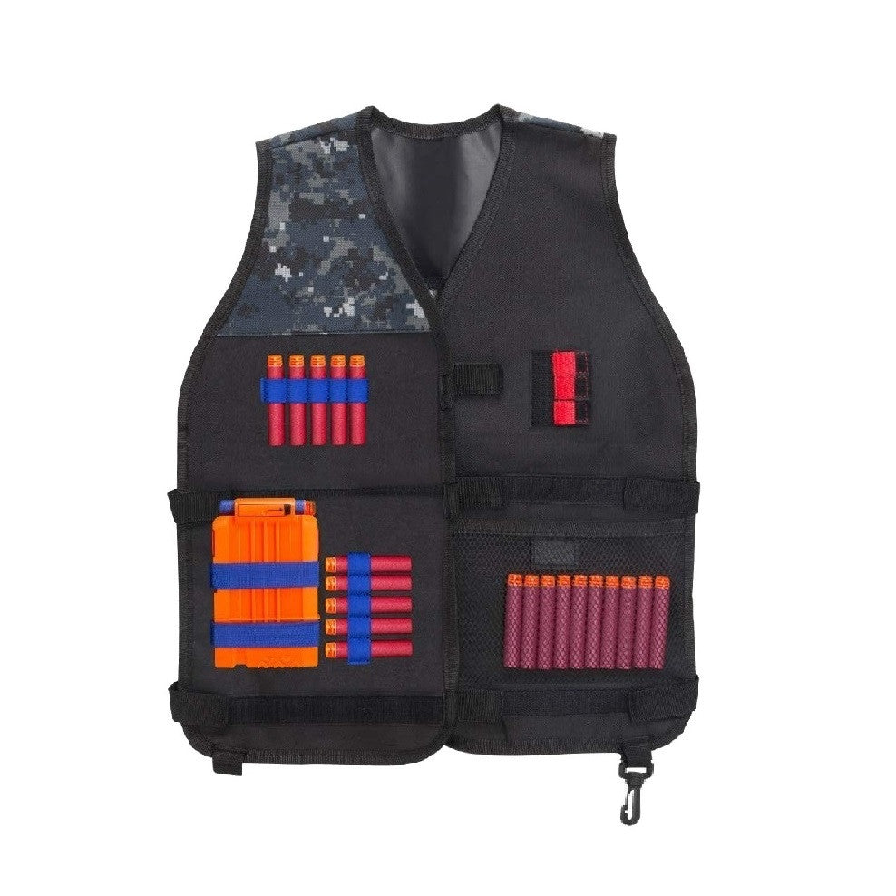 Set vesta compatibila Nerf N-Strike cu 50 sageti de burete, ochelari de protectie, incarcator, esarfa si bratara, sageti rosii
