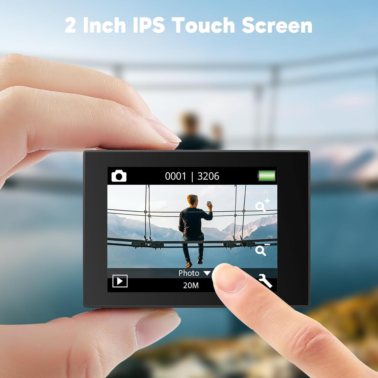Camera video sport 4K, camera de actiune WiFi Ultra HD 20 MP cu 2 acumulatori, carcasa impermeabila 40 m, stabilizare imagine, touchscreen de 2 inch, trepied reglabil, telecomanda 2.4 g si husa de depozitare si transport