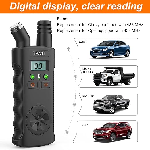 Instrument 2 in 1 pentru presiune anvelope, resetare TPMS, 433 MHz, manometru digital, 4 intervale de reglare, comutare PSI, BAR, KPA, Kg/cm², dispozitiv de invatare pentru SUV, camionete, autoturisme, motociclete, biciclete